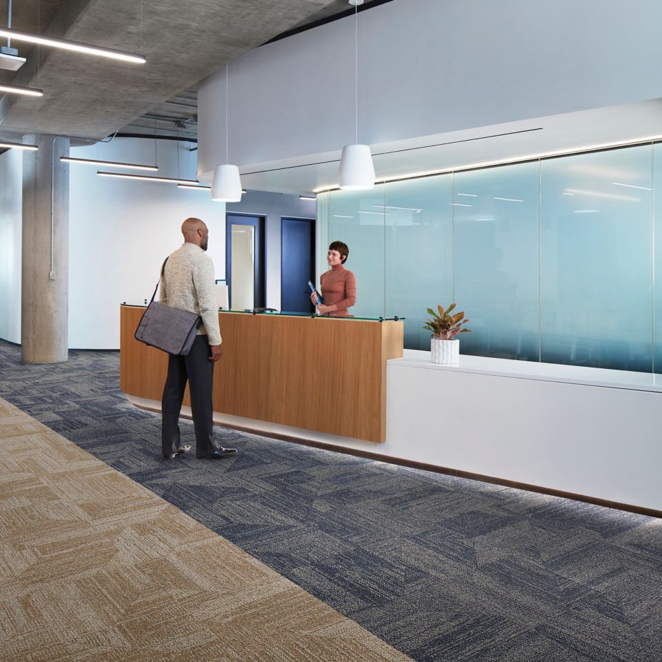 Interface Open Air 403 carpet tile in lobby with reception desk